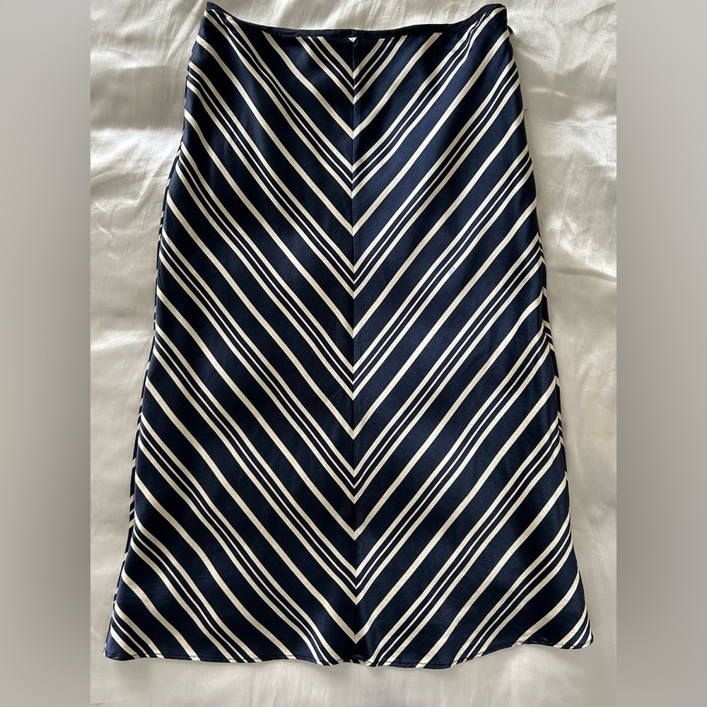 Navy and White Striped Silk A-Line Skirt